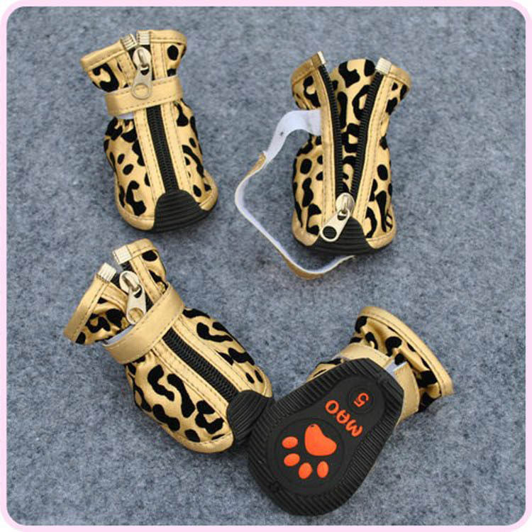 CJ gold leopard print dog shoes; package quantity unverified
